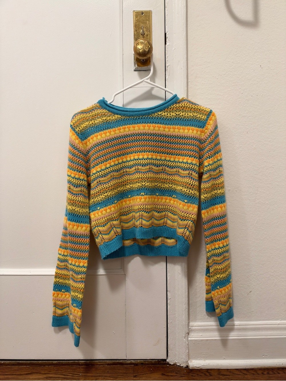 Striped Knit Crewneck Sweater in Yellow, Orange and Teal